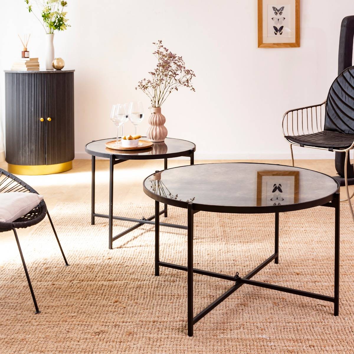 Table basse gigogne en verre FLORIAN noir, MADE IN MEUBLES 
