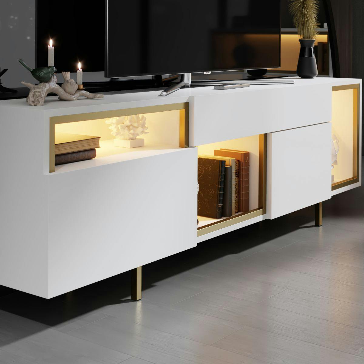 Meuble TV 2 portes, 3 niches éclairage LED AURA blanc, PIER IMPORT