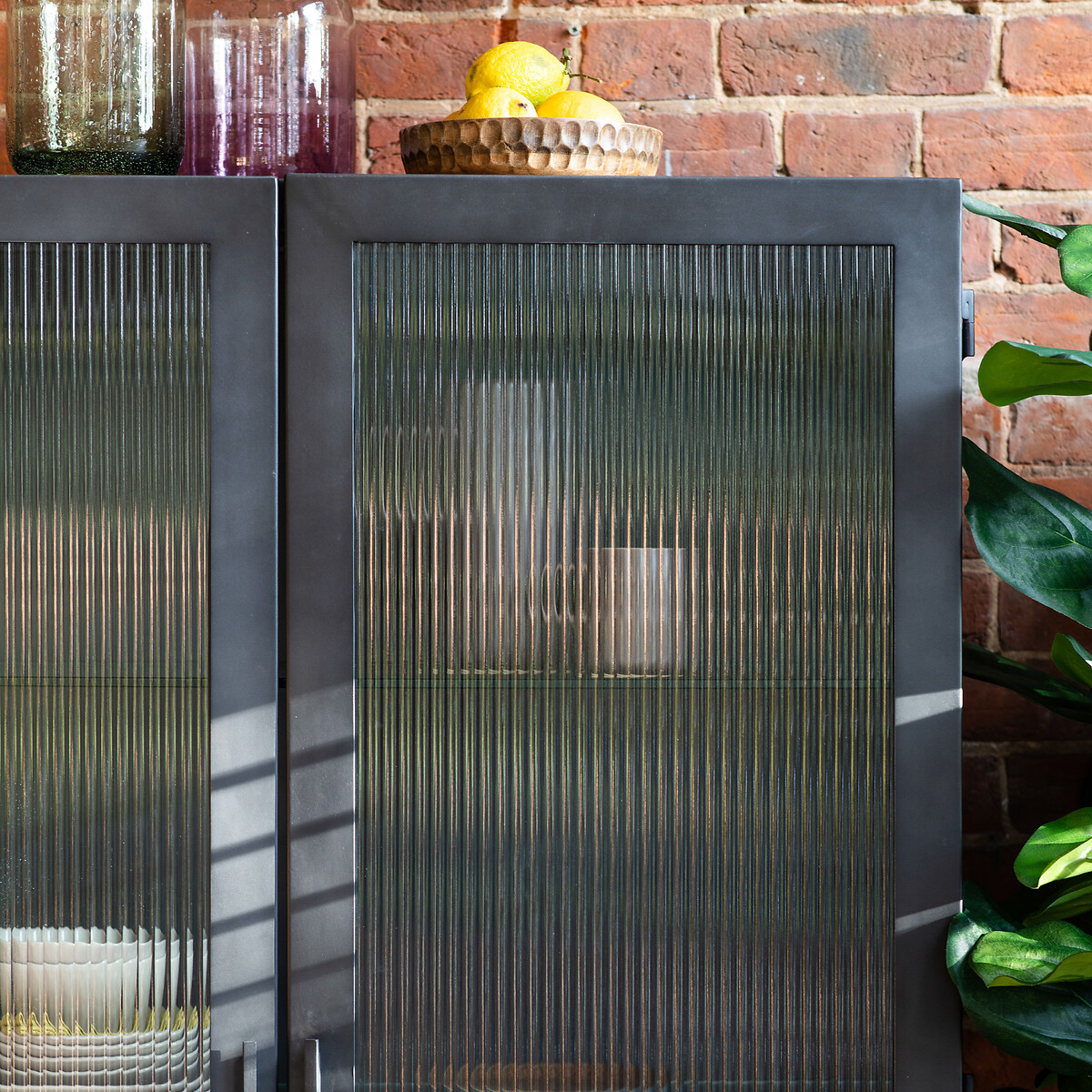 Banda Large Textured Glass and Steel Cupboard grey, SO'HOME
