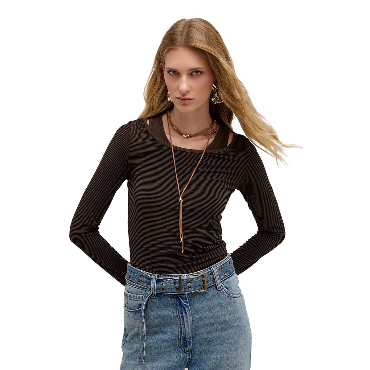 T-shirt rayé avec débardeur marron, MOTIVI
