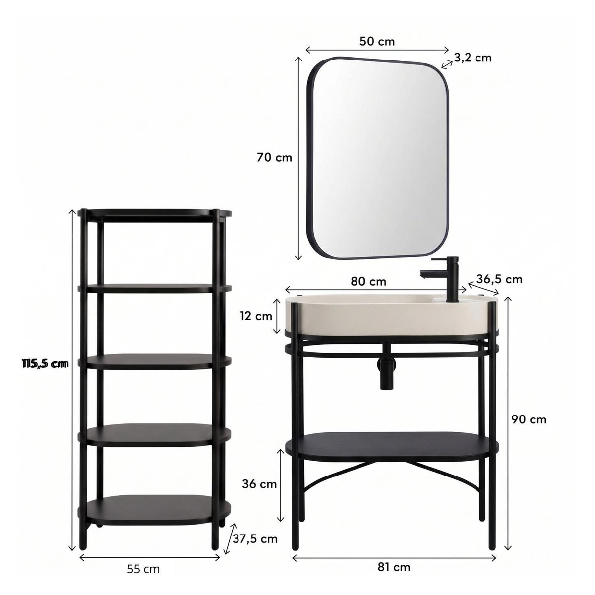 Meuble simple vasque sur pieds 80cm en métal noir et vasque béton et robinet noir, miroir et colonne beige, MOB IN