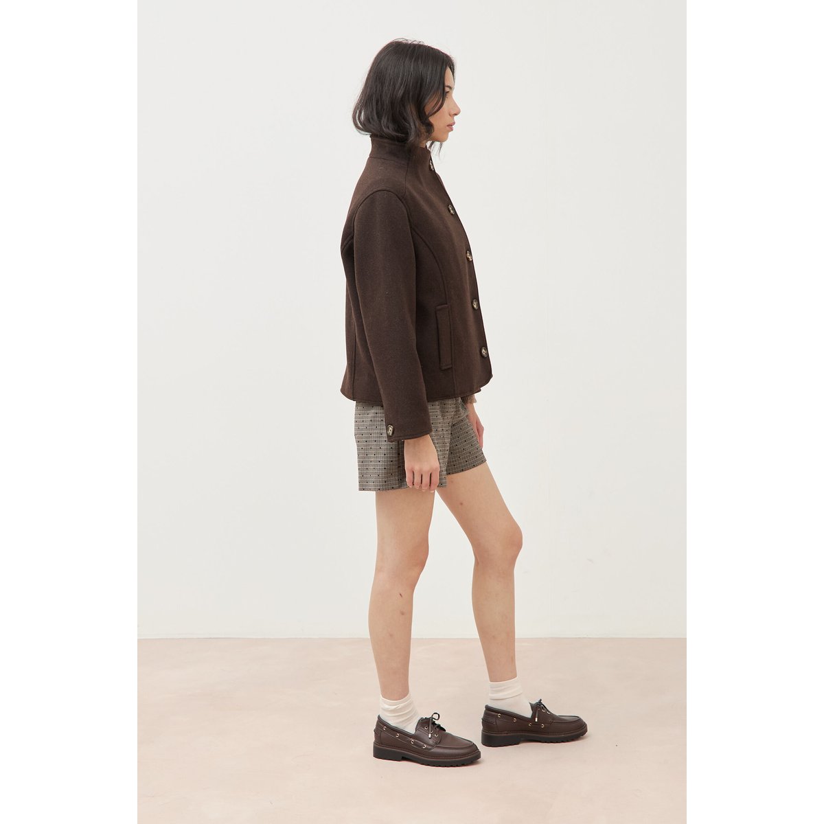 Veste oversize courte col tailleur marron foncé, BONOBO