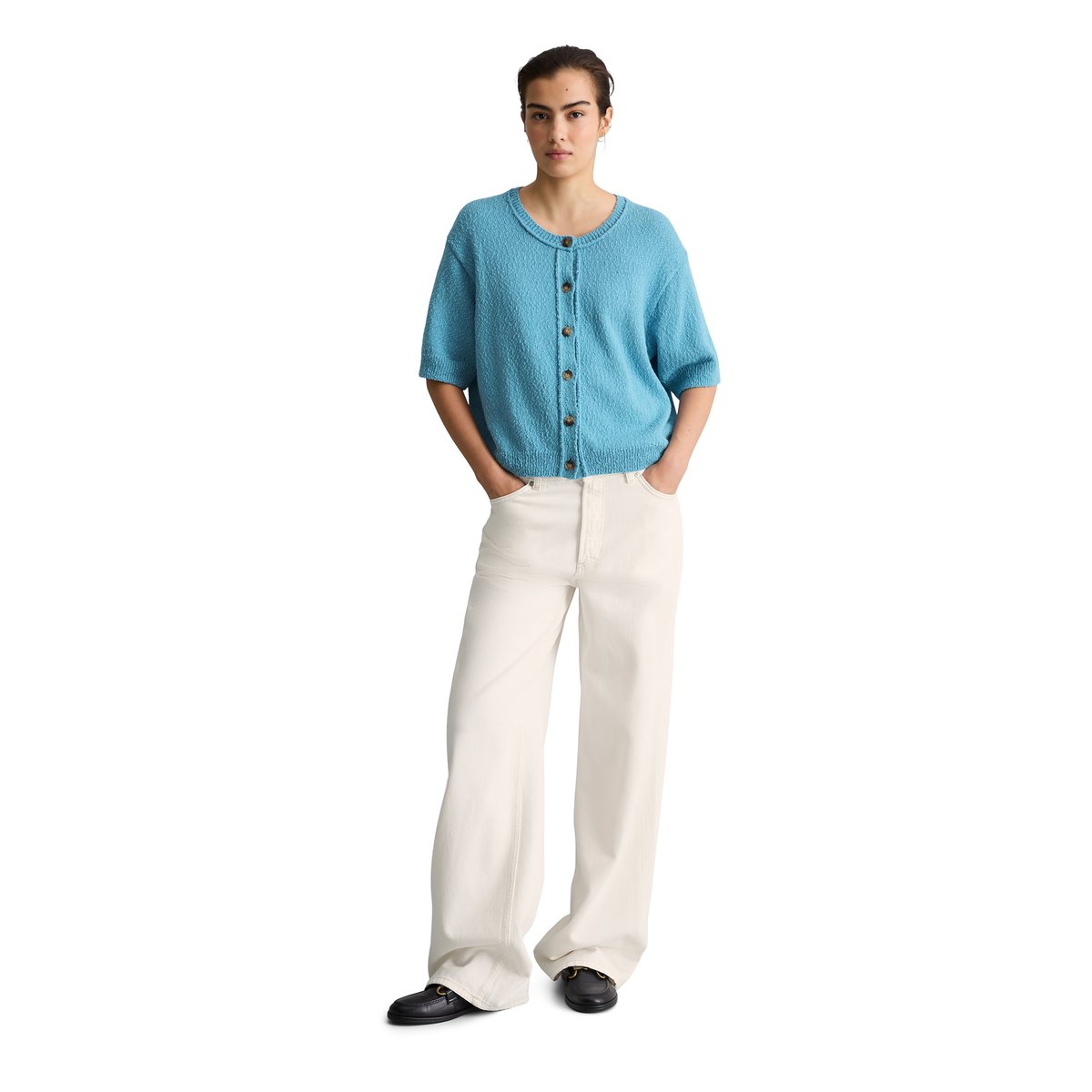 Cardigan manches courtes regular en fil Cotton Slub bleu clair, MARC O’POLO DENIM