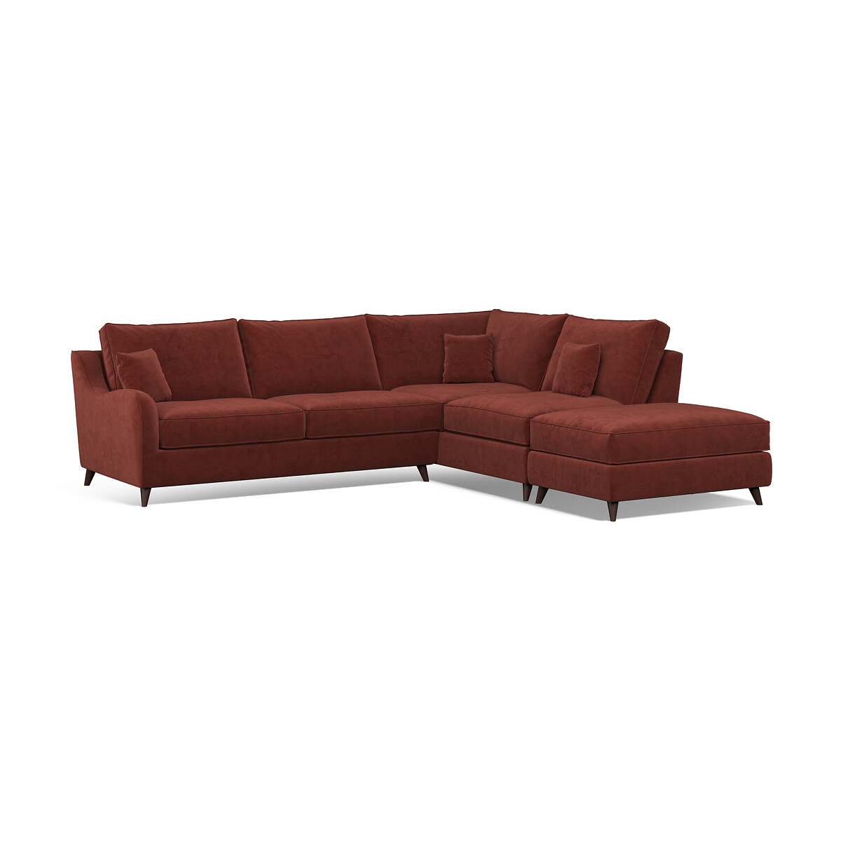Amelia Velvet Corner Sofa & Modular Footstool Set with Dark Wood Legs (Right Facing) burgundy, ÉDITÉ