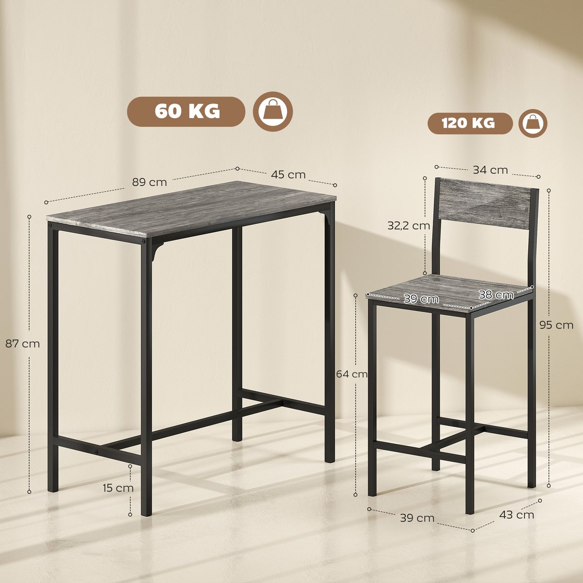 Ensemble de table de bar Métal Gris foncé gris foncé, noir, HOMCOM