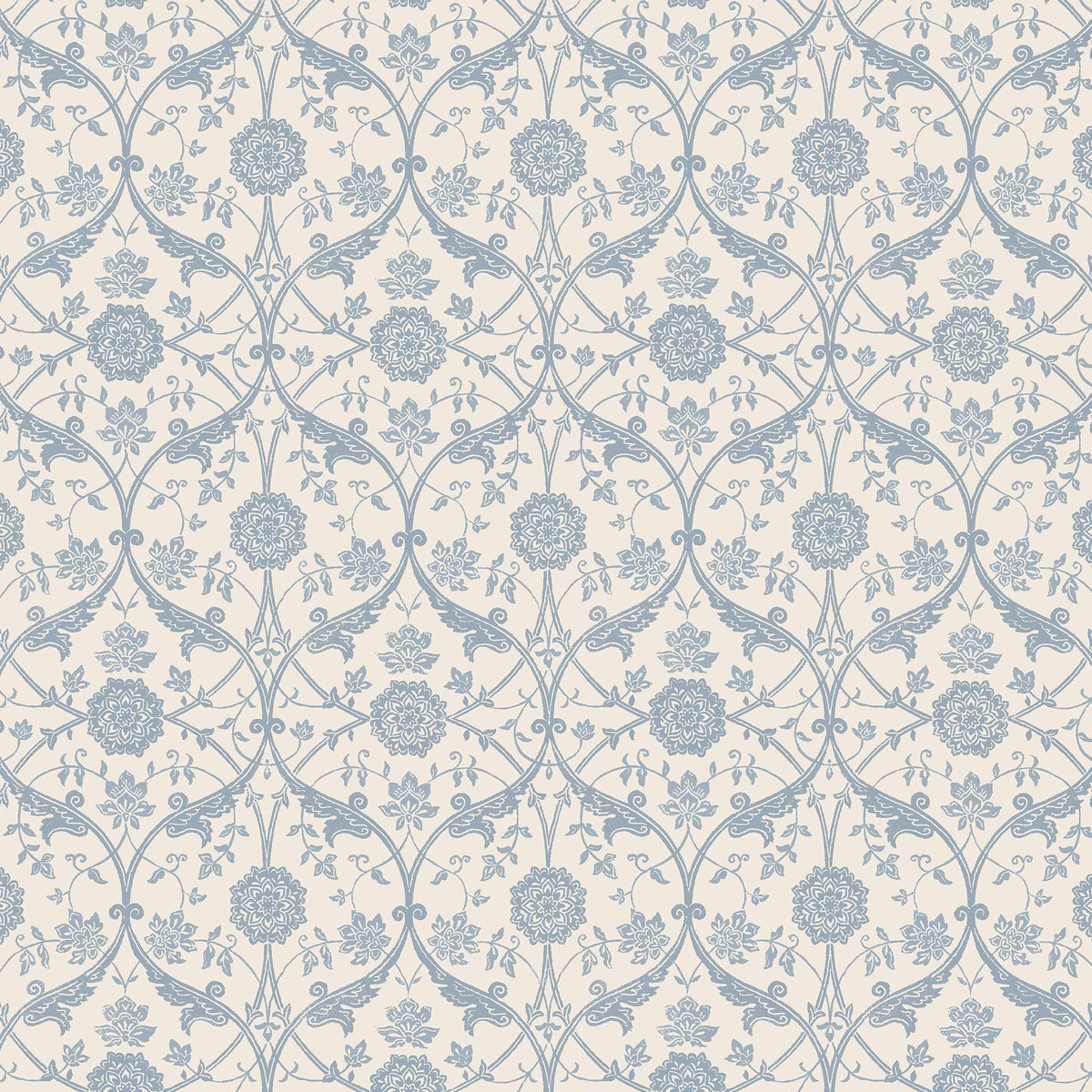 Papier peint damassé fleuri Endale bleu, crème, LAURA ASHLEY