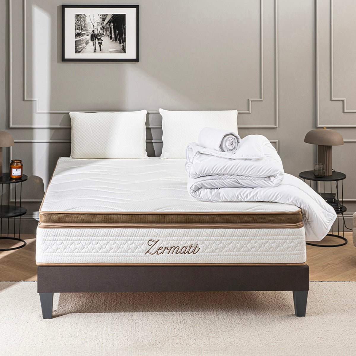 Pack Zermatt 140x200 cm Matelas Mousse + Sommier Bois + Accessoires blanc, BELLECOUR