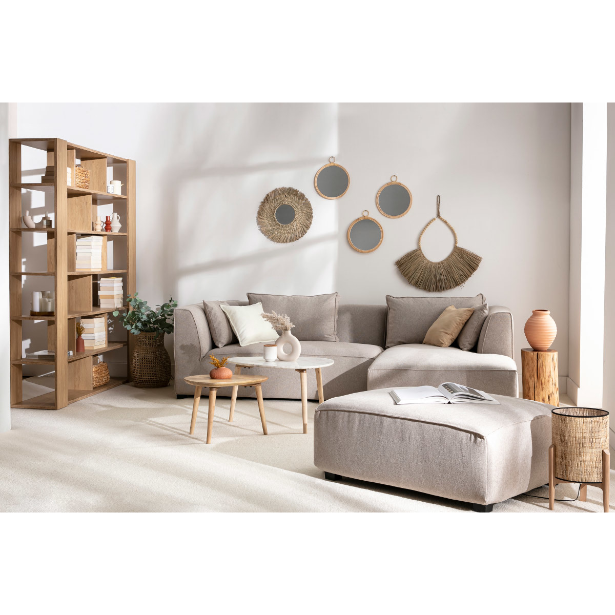 Tables basses gigognes marbre blanc et bois manguier massif (lot de 2) EVY naturel, MILIBOO