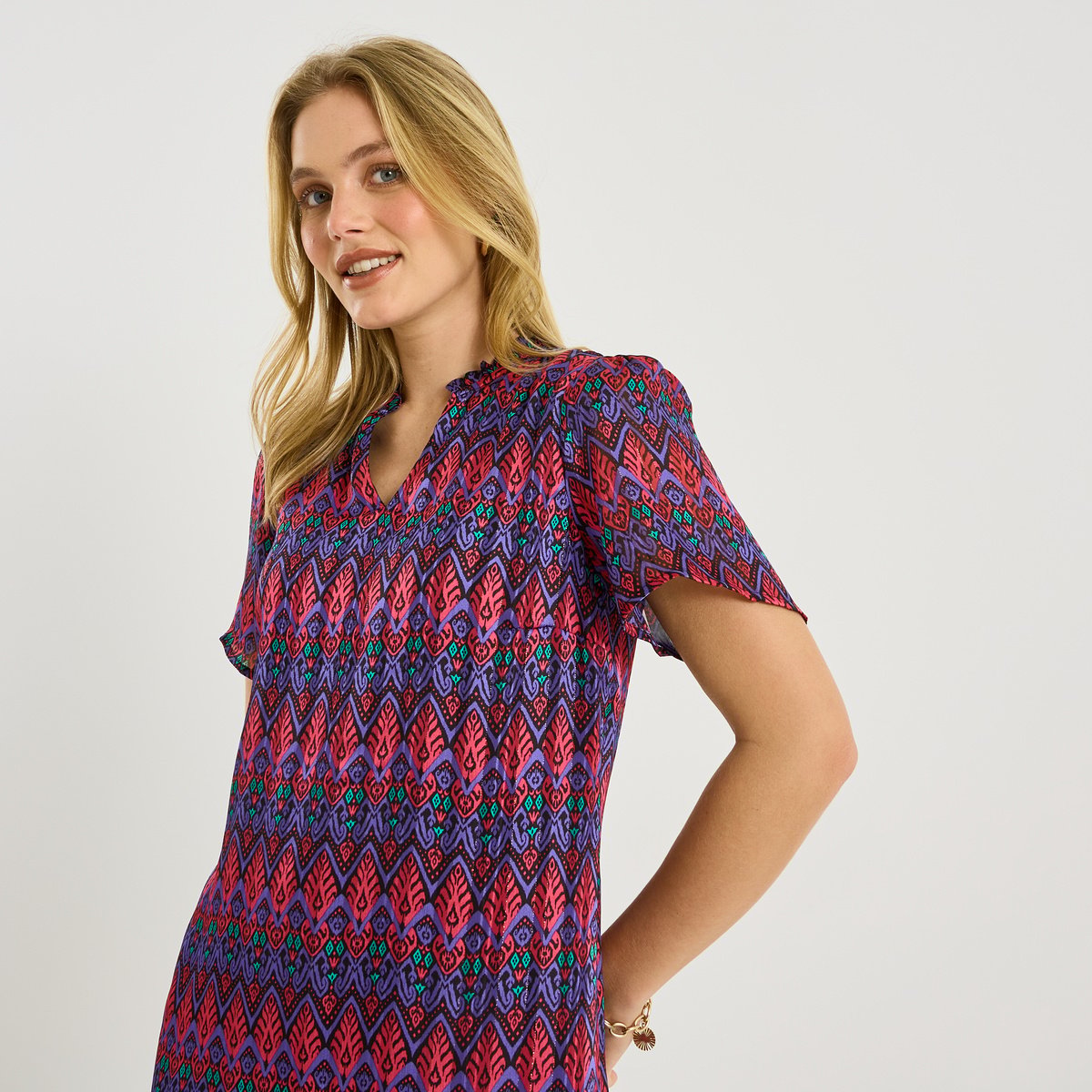 Robe courte fluide imprimé géométrique rose, GRAIN DE MALICE