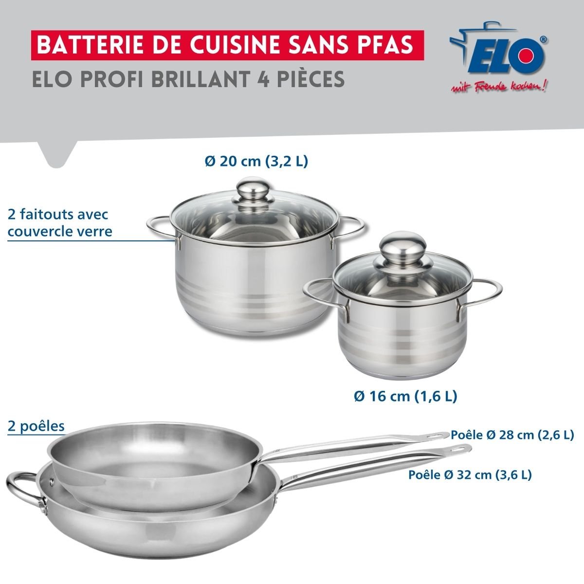 Batterie 2 poêles 28/32cm + 2 faitouts 16/20cm PROFI BRILLANT inox, ELO