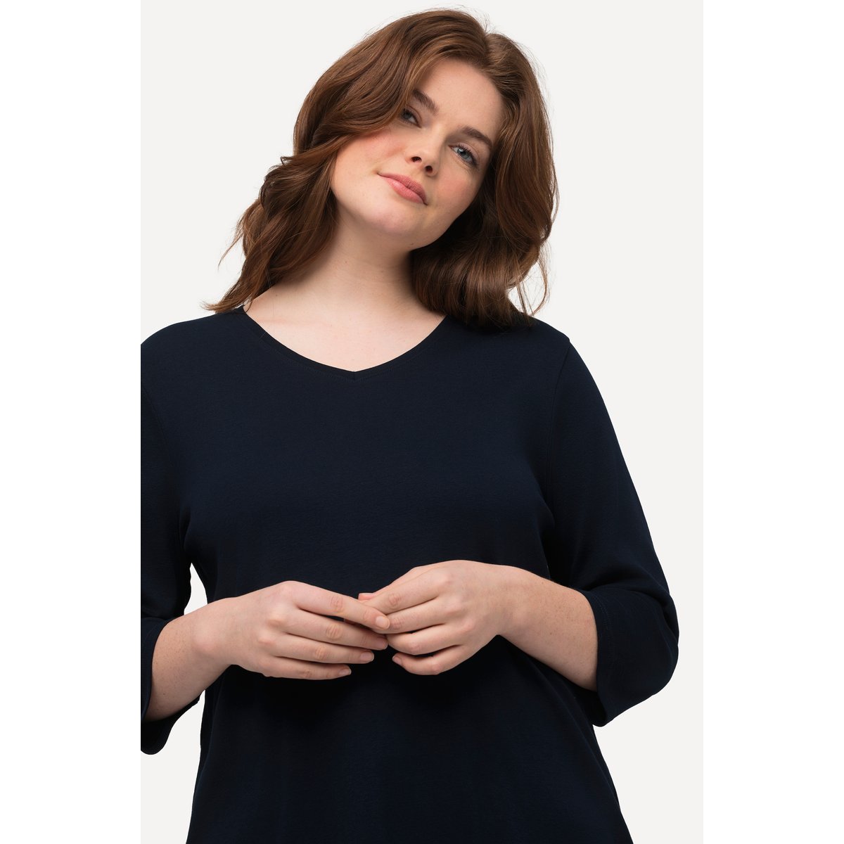 T-shirt V basic, classic, manches 3/4 marine, ULLA POPKEN