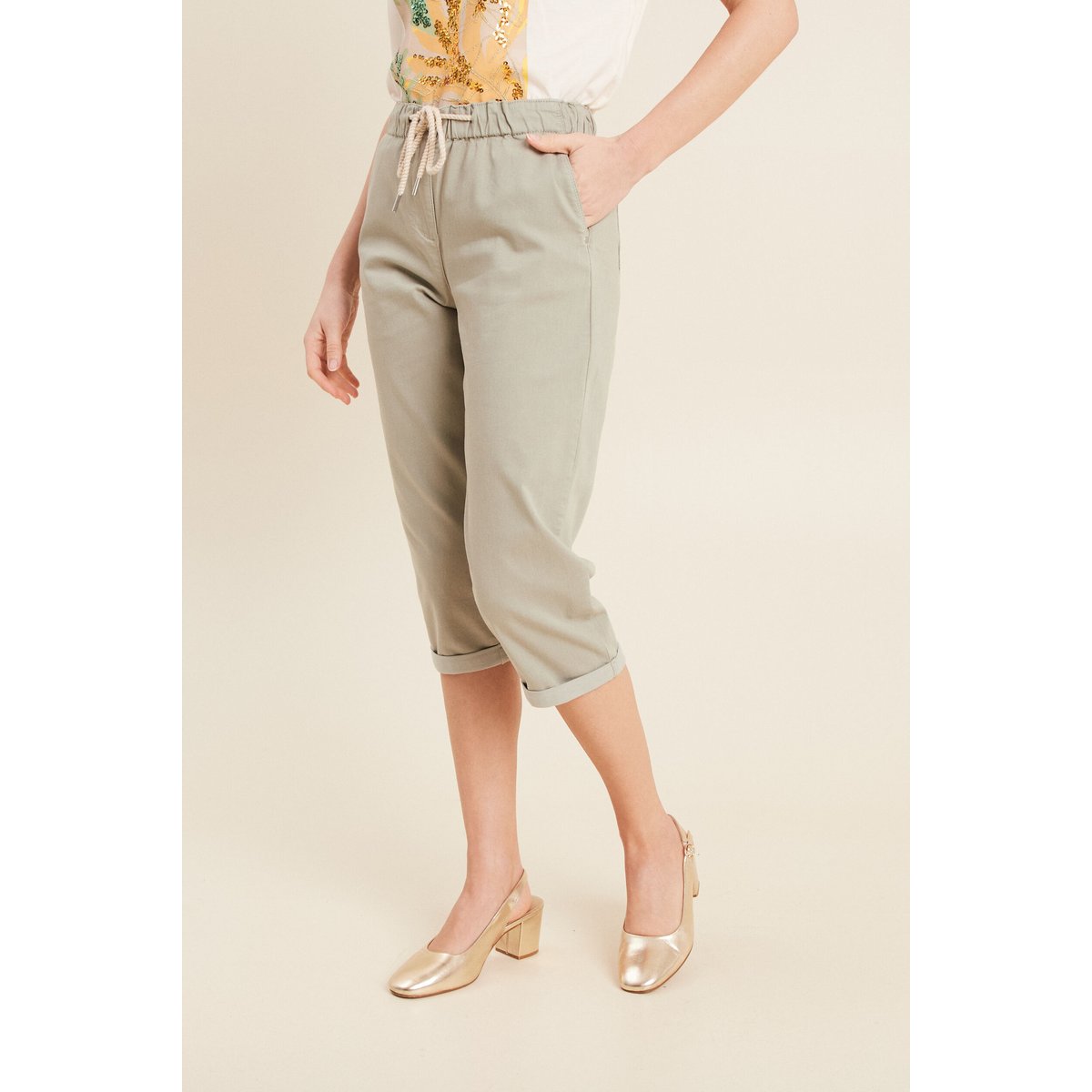 Pantacourt large taille haute vert clair, BREAL