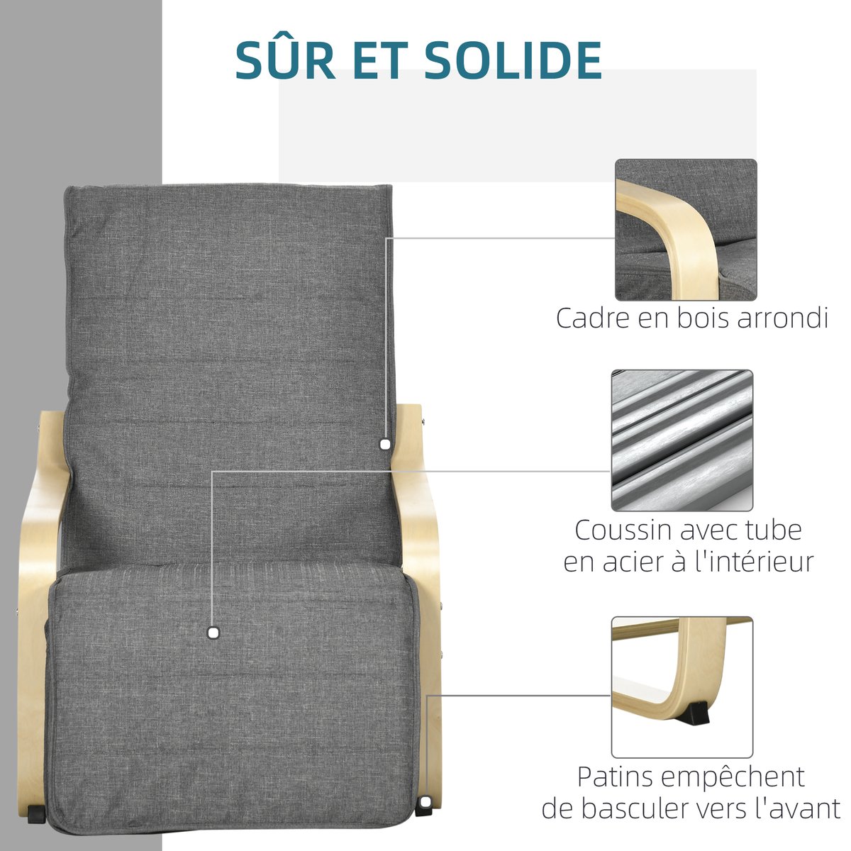 Accent Chair bois massif de bouleau Gris gris, bois naturel, HOMCOM