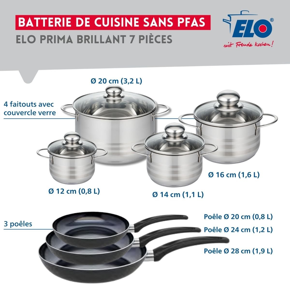 3 poêles 20/24/28cm + 4 faitouts 12/14/16/20cm PRIMA BRILLANT noir, ELO