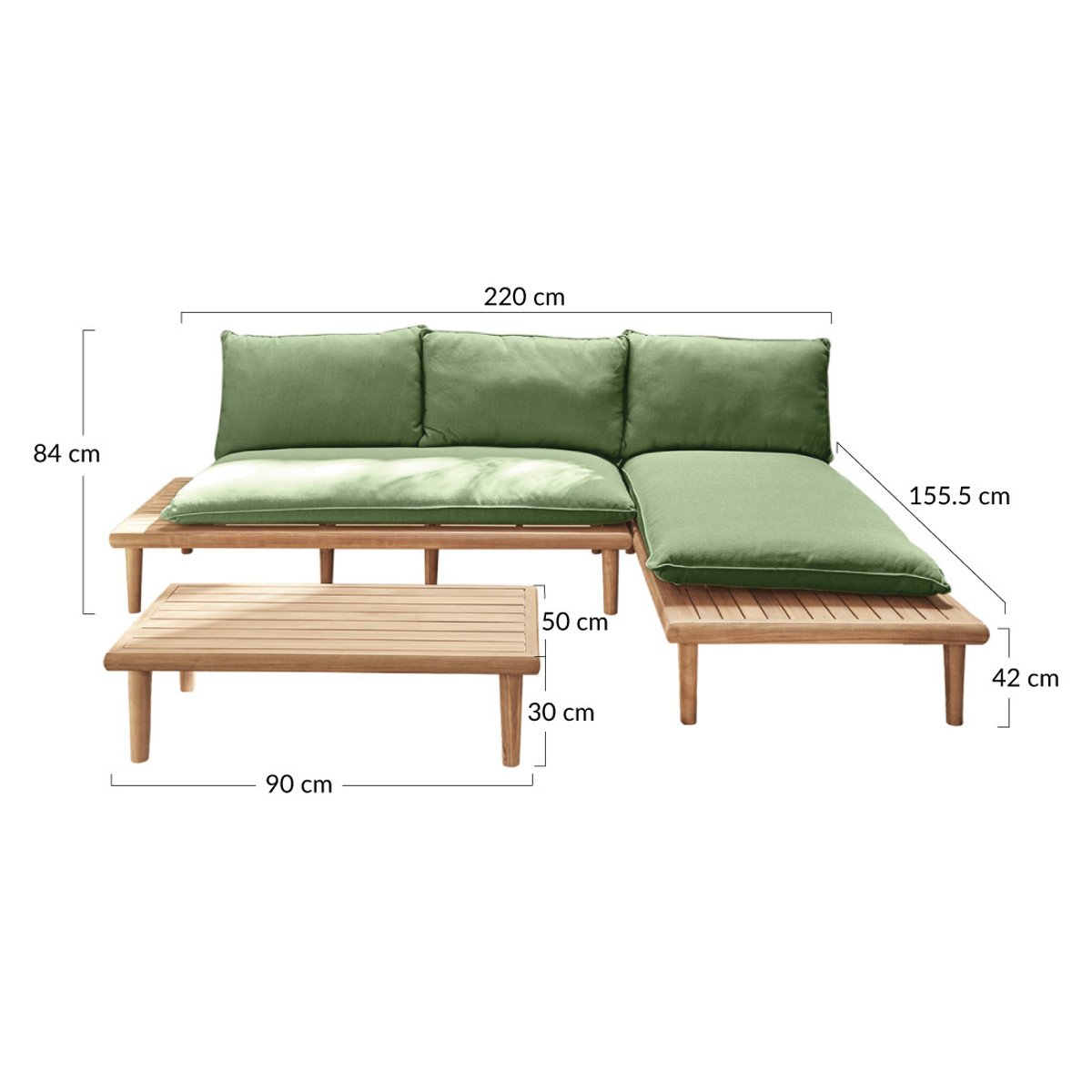 Salon bas de jardin et table, bois acacia, PAPEETE vert / beige, BEST MOBILIER