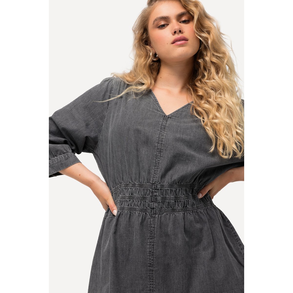 Blouse en jean à col en V et manches 3/4 chiné anthracite, ULLA POPKEN