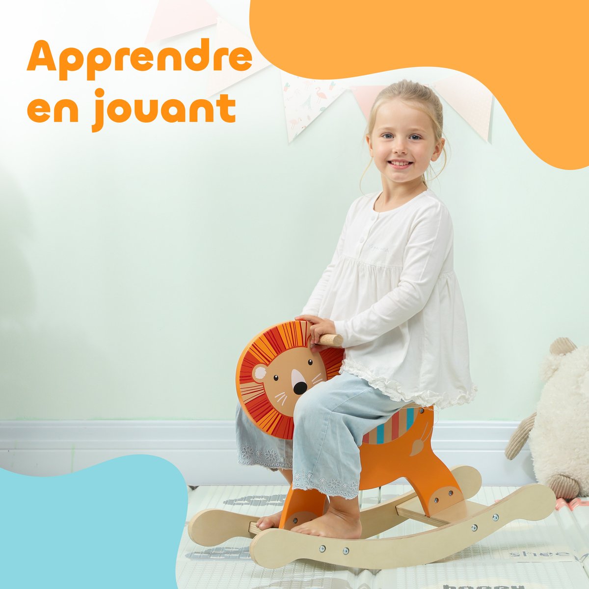 Cheval à bascule pour enfants Contreplaqué orange, bois clair, AIYAPLAY