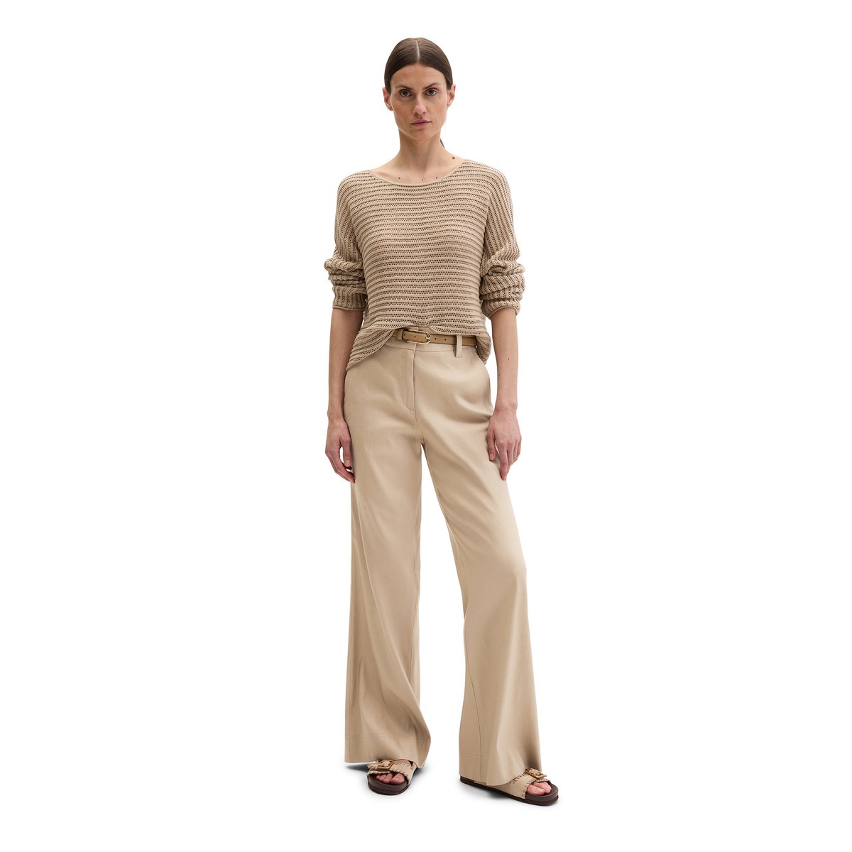 Pull ajouré relaxed en mélange de coton et de lin bio beige, MARC O'POLO