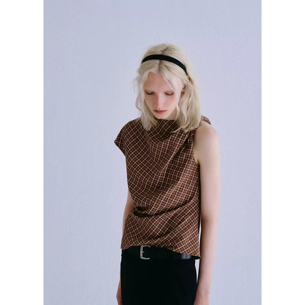 Blouse carreaux asymétrique marron, MANGO