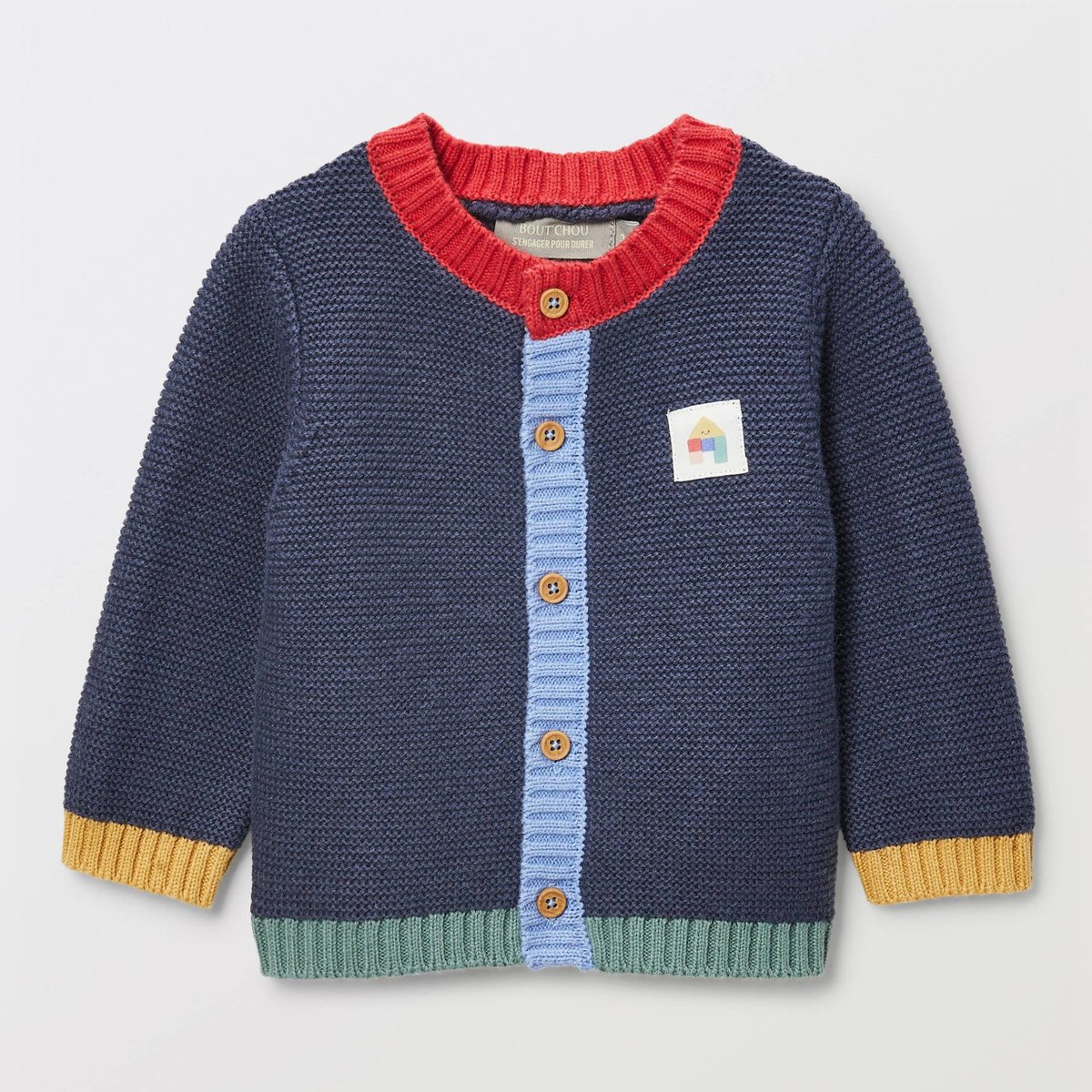 Cardigan en point mousse en coton pierre bleue, BOUT'CHOU