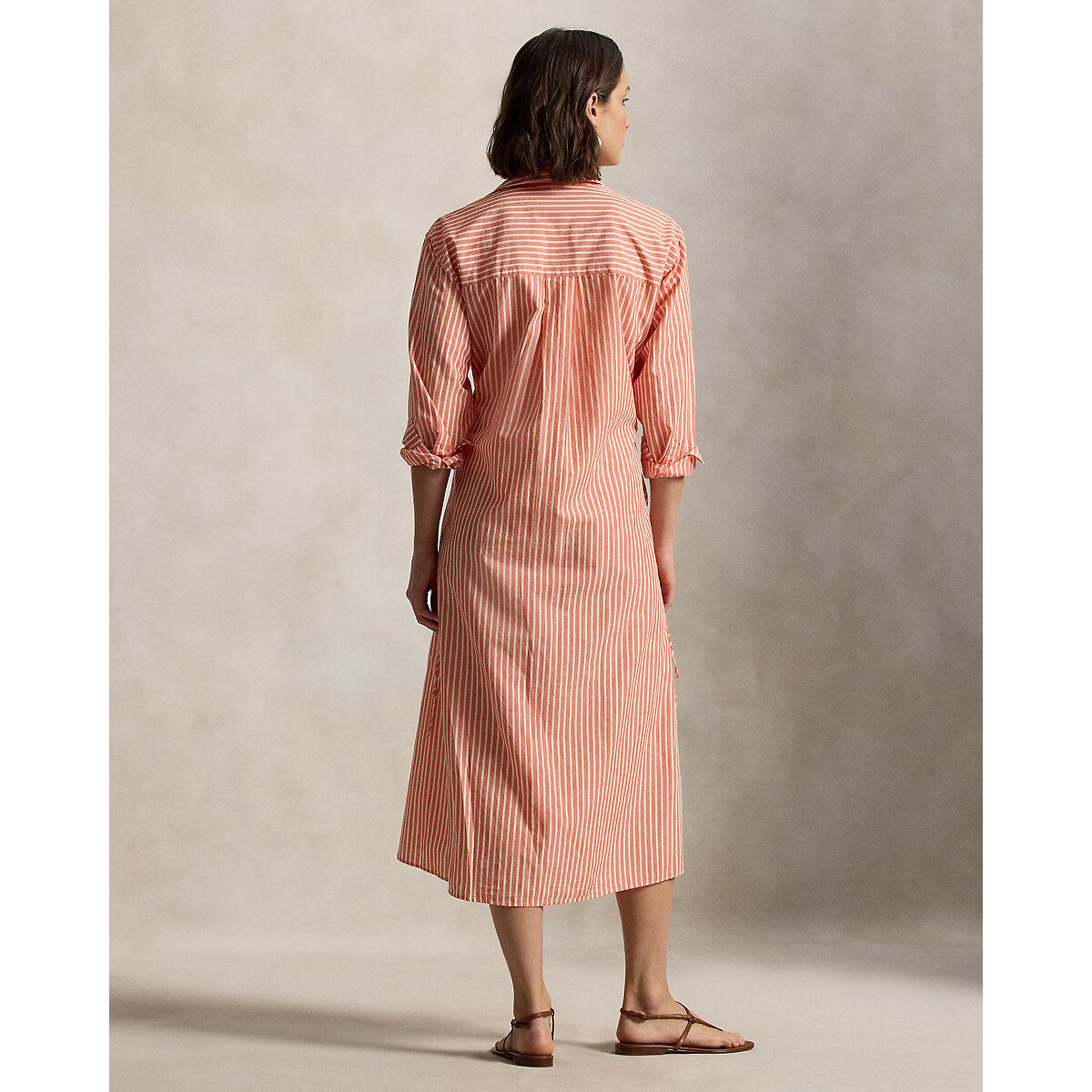 Robe chemise rayée à manches longues, avec taille ajustable rayé orange/blanc, POLO RALPH LAUREN
