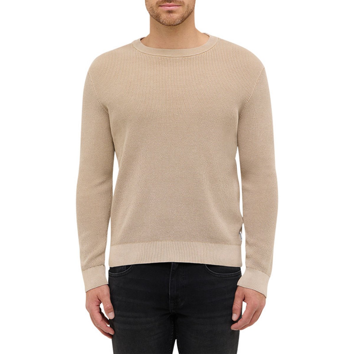 Pull en coton beige uni avec un col rond et des manches longues beige, MUSTANG