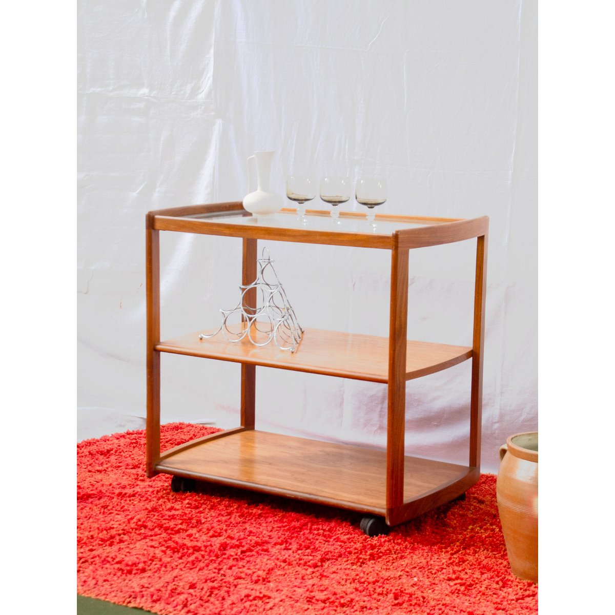 Desserte en teck et verre Henriette N°223 - Bon état bois foncé, DEBONGOUT
