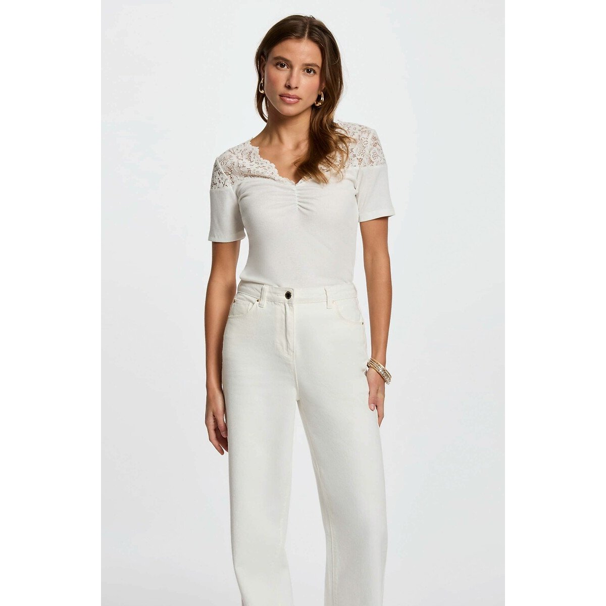V-Neck T-Shirt with Short Sleeves white, MORGAN
