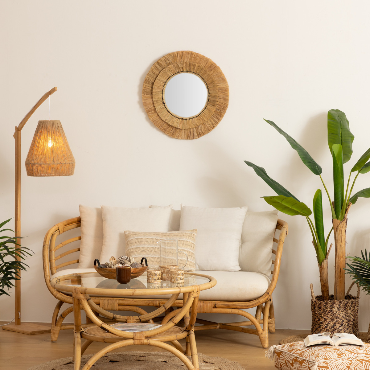 Miroir rond en raphia ALBA beige, ATMOSPHERA
