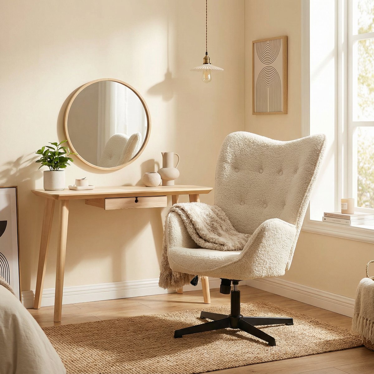 Chaise de bureau rotatif réglable en hauteur en bouclette, FUCHSO beige, MEUBLES COSY