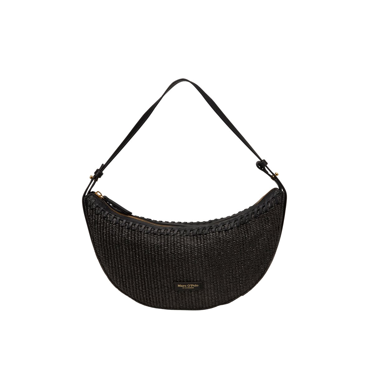 Sac à bandoulière en raphia avec détails élégants en cuir véritable noir, MARC O'POLO