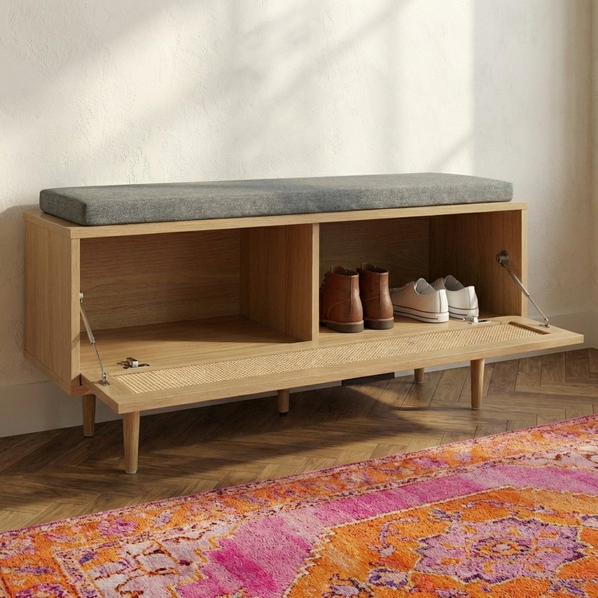 Banc à chaussures cannage rotin 1 porte  AMANA chêne clair, BAÏTA