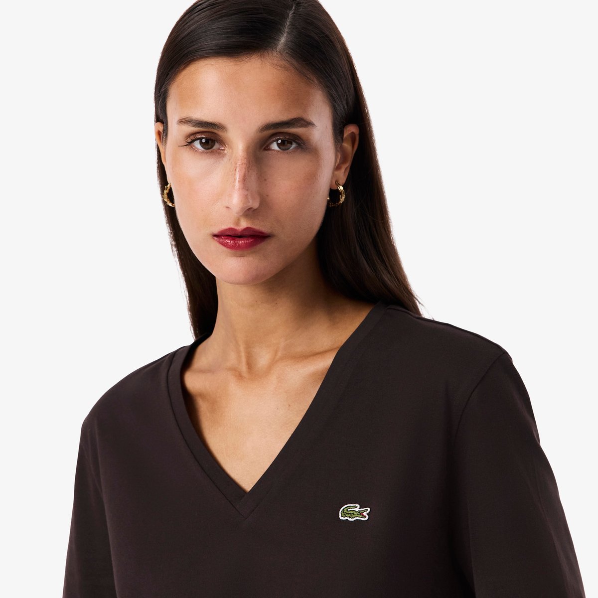 T-shirt relaxed fit coton doux col V marron-3la, LACOSTE
