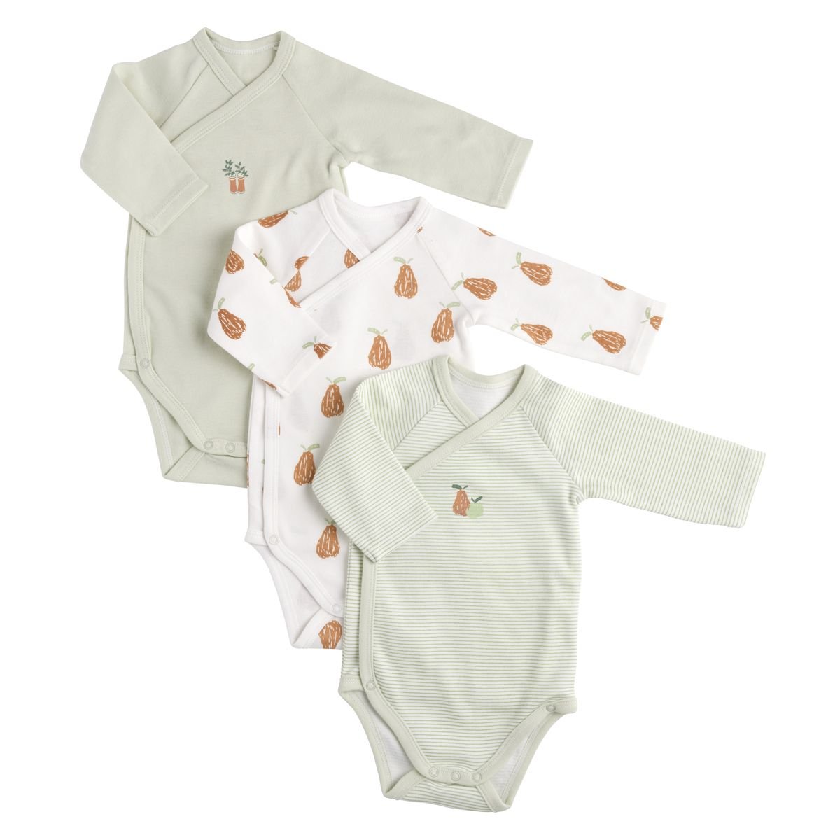 Bodies bébé manches longues en coton lot de 3 vert/blanc, SAUTHON