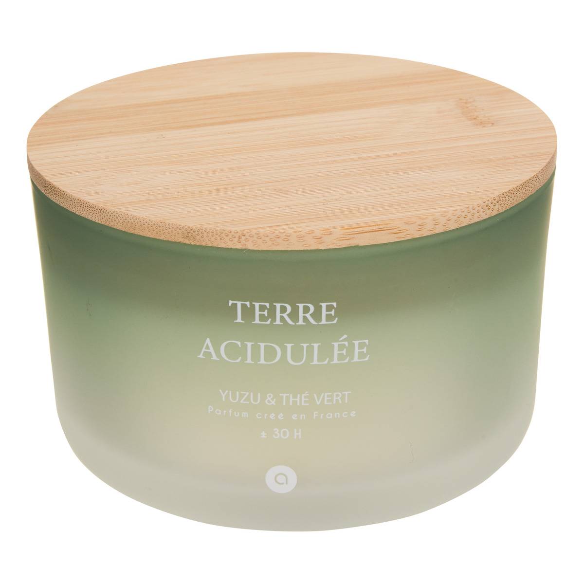 Bougie parfumée grand format pot en verre à couvercle bambou SANA vert, ATMOSPHERA