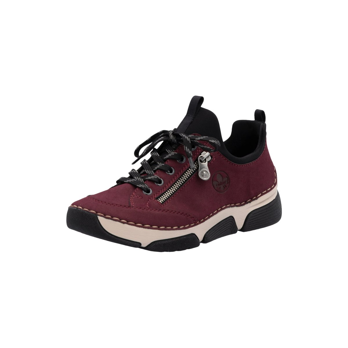 Sneakers noires à talon compensé bas avec semelle beige et zip latéral rouge, RIEKER