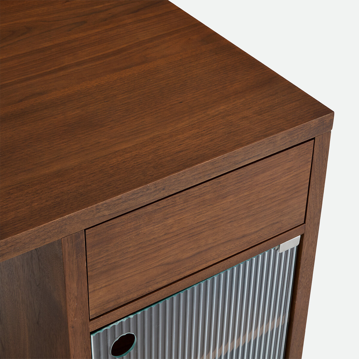Bureau, plaqué noyer, portes verre strié, DELLO coloris noyer, LA REDOUTE INTERIEURS