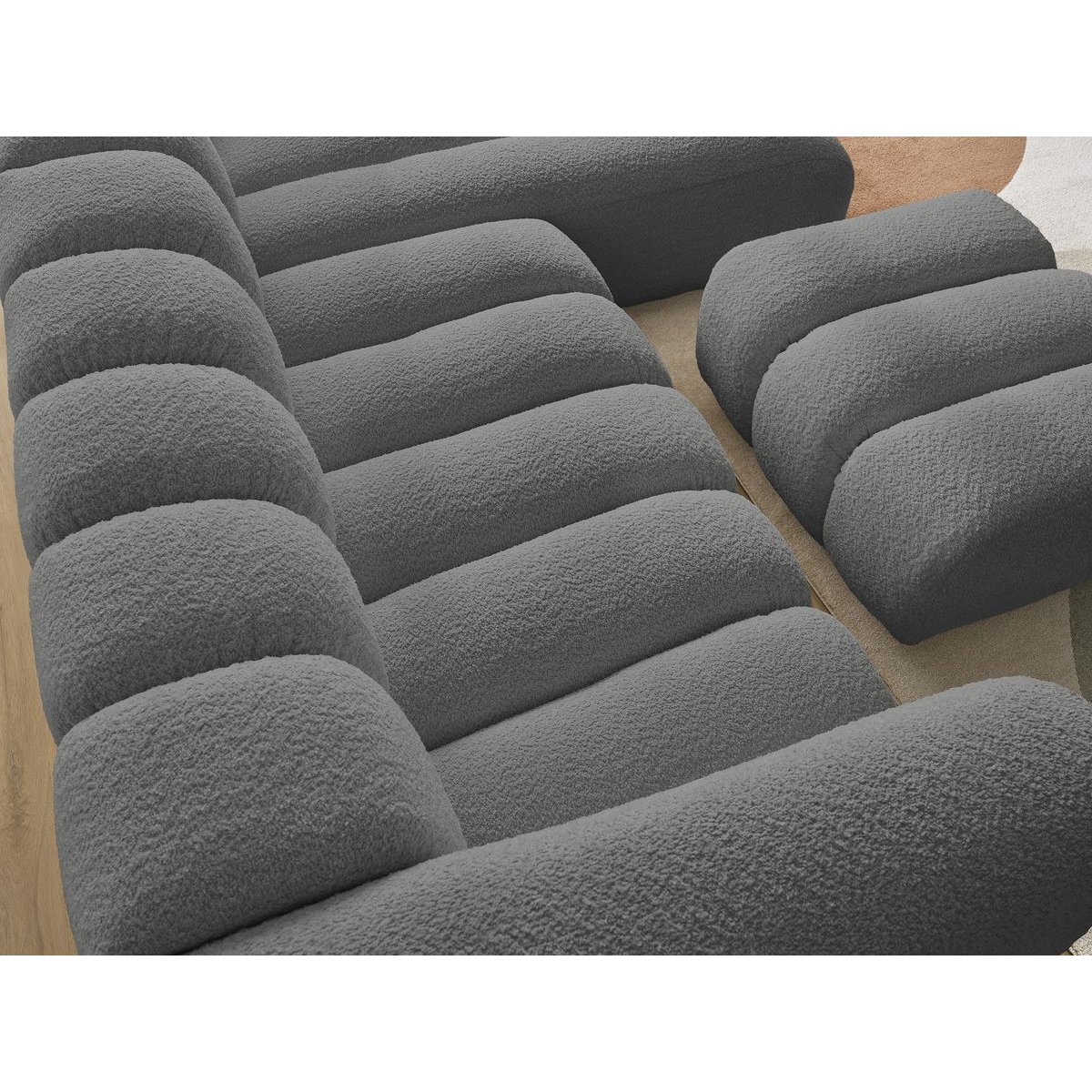 Canapé d'angle fixe 4 places en tissu bouclette avec pouf, TALIA gris foncé, BOBOCHIC