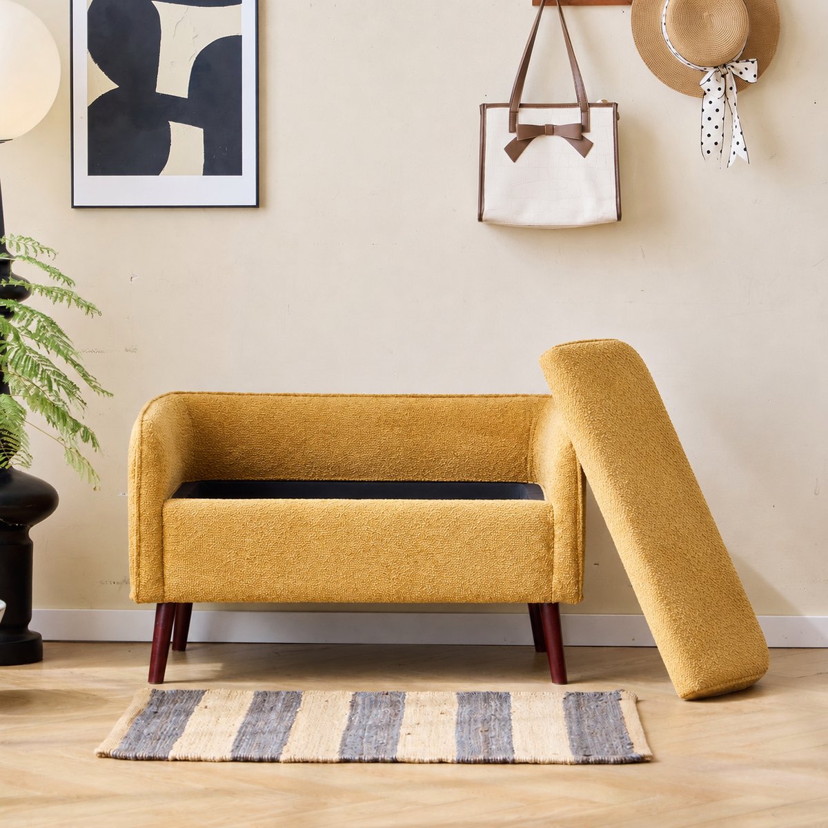 Banc coffre, bois massif et tissu, KIRKENES jaune moutarde, NORDLYS