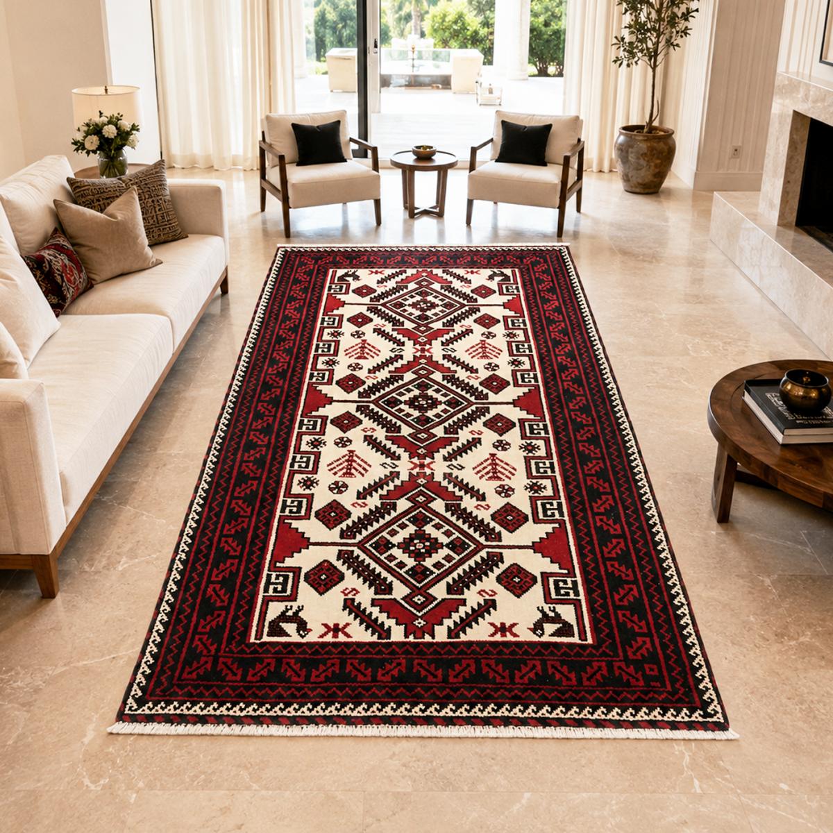 Tapis salon au motif géométrique, noué main en laine, BALUTSCH 7 rouge, crème, noir, UN AMOUR DE TAPIS