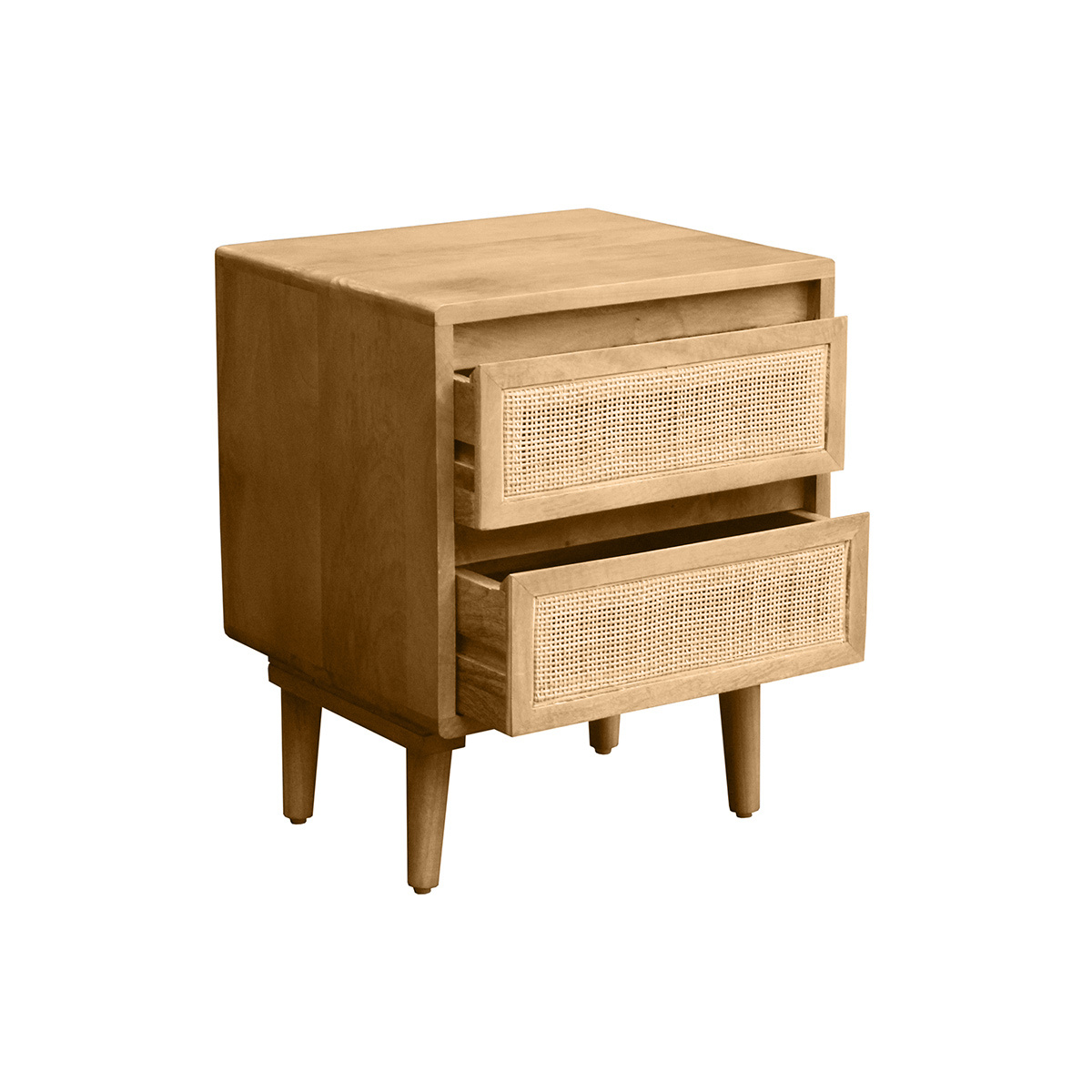 Table de chevet en bois manguier massif et cannage rotin avec rangements 2 tiroirs ACANGE chêne clair, MILIBOO