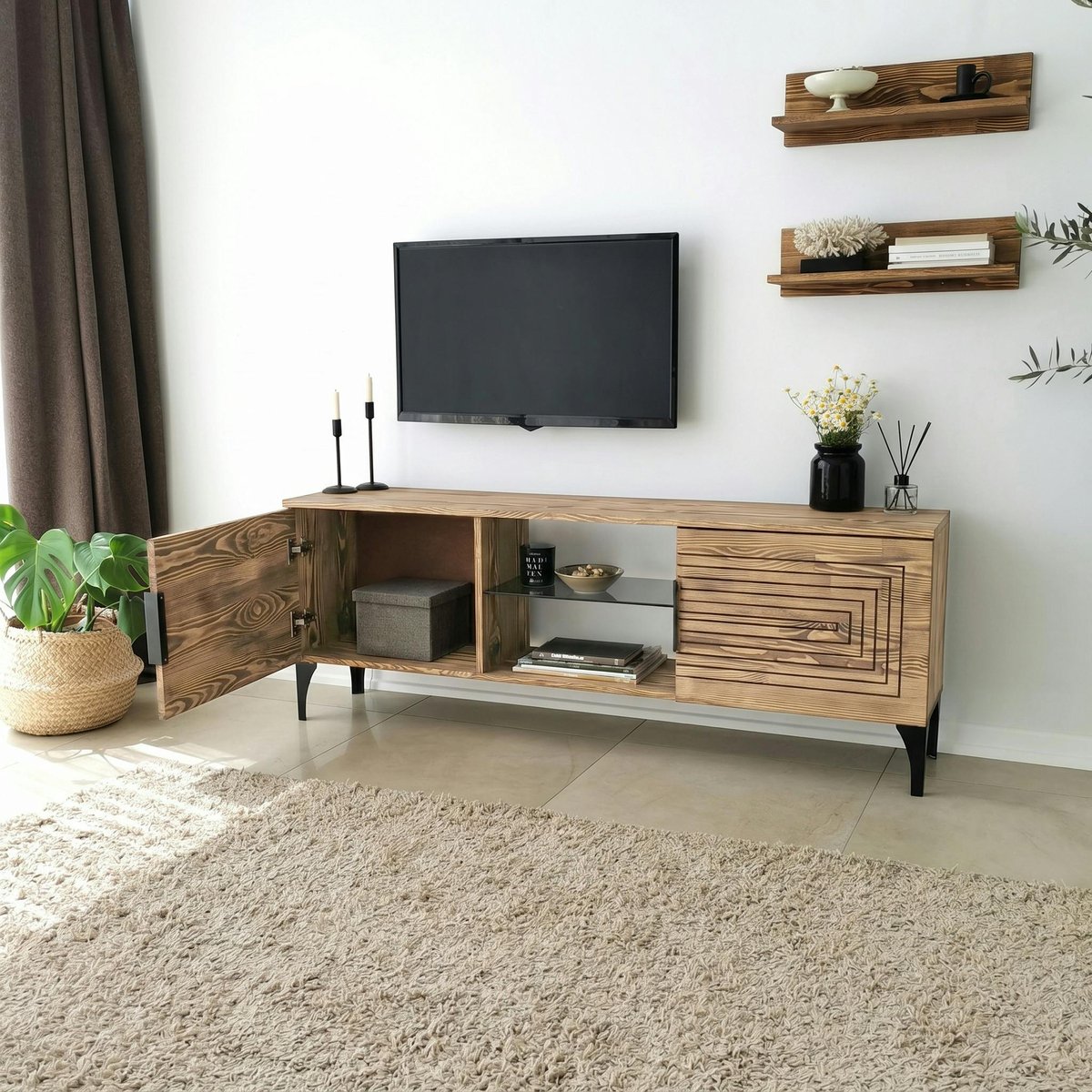 Meuble TV bois clair sculpté - 2 étagères assorties LECCE bois naturel, PIER IMPORT