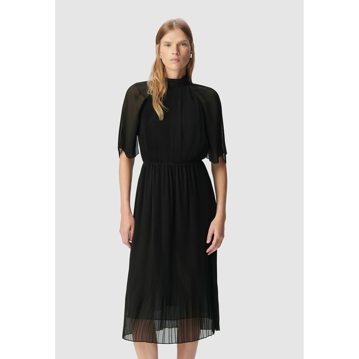 Vestido midi plissado com gola subida preto , IKKS