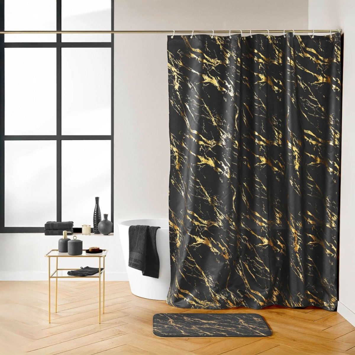 Rideau De Douche 180x200 Aquamarbre Noir Avec 12 Anneaux noir, DECORATIE