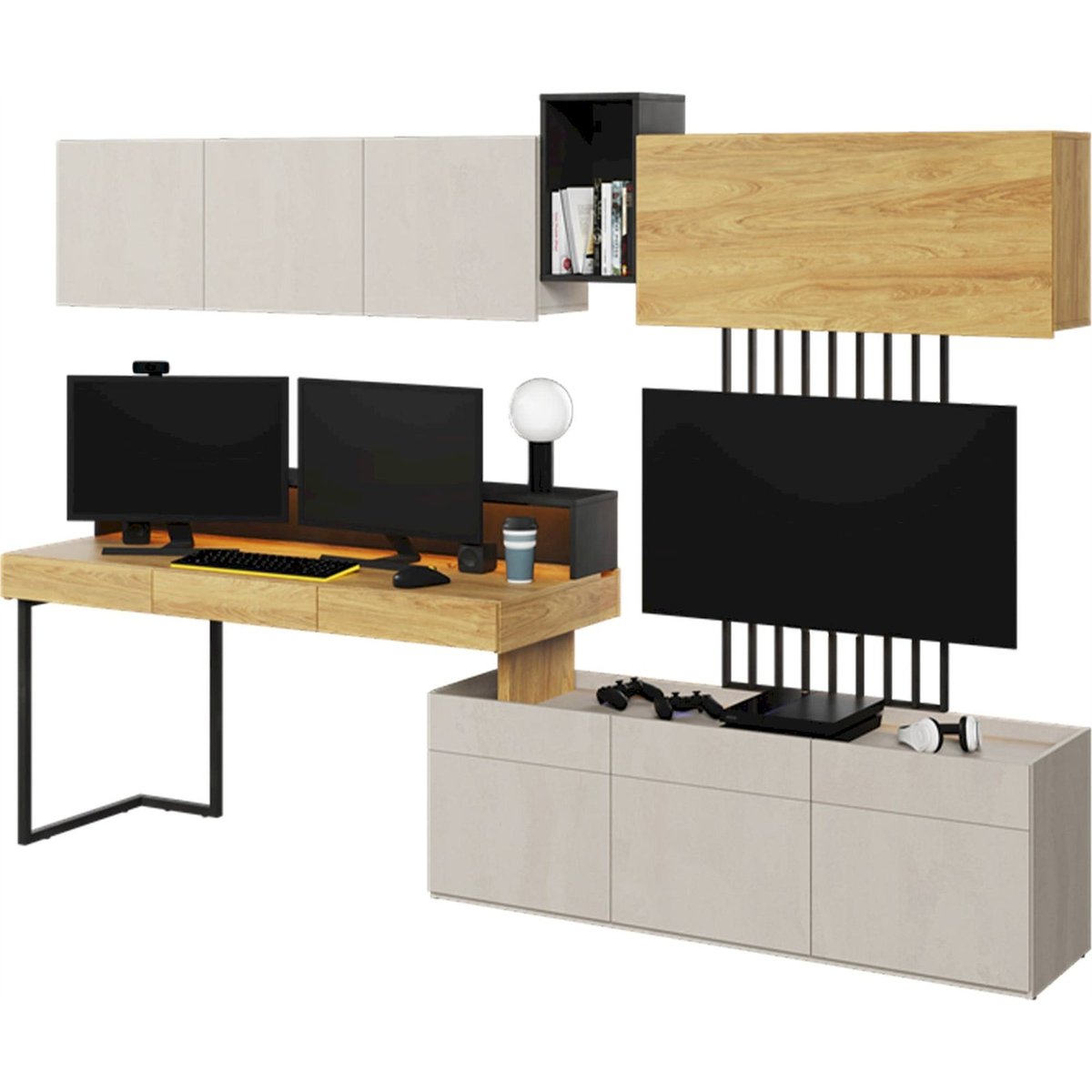 Bureau d'angle avec tiroirs TEEN FLEX hickory naturel et acier brut, RECOLLECTION