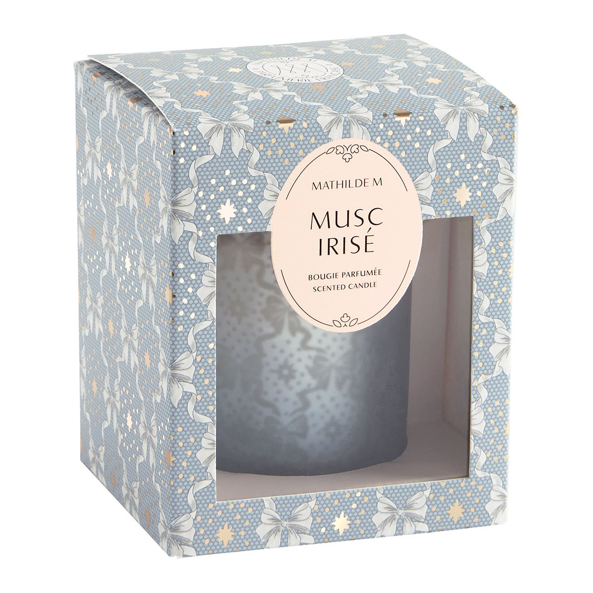 Bougie 160 g parfum Musc Irisé RUBANS DE FÊTE bleu, MATHILDE M
