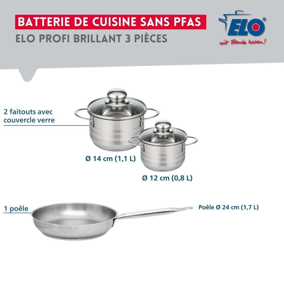 Batterie 1 poêle 24cm + 2 faitouts 12/14cm PROFI BRILLANT gris, ELO