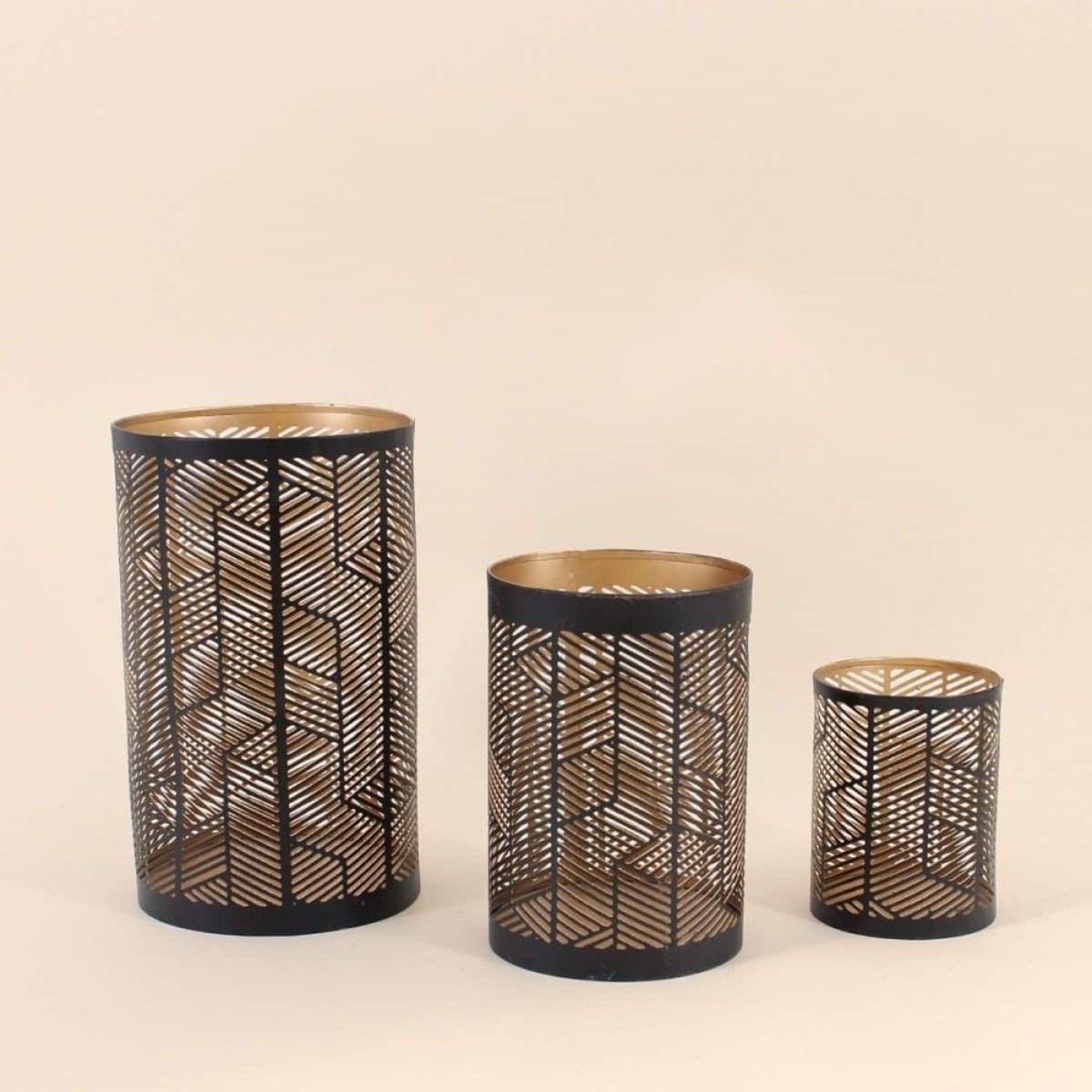 Set de 3 lanternes découpe ajourée géométrique noir & or noir, ORNAMI
