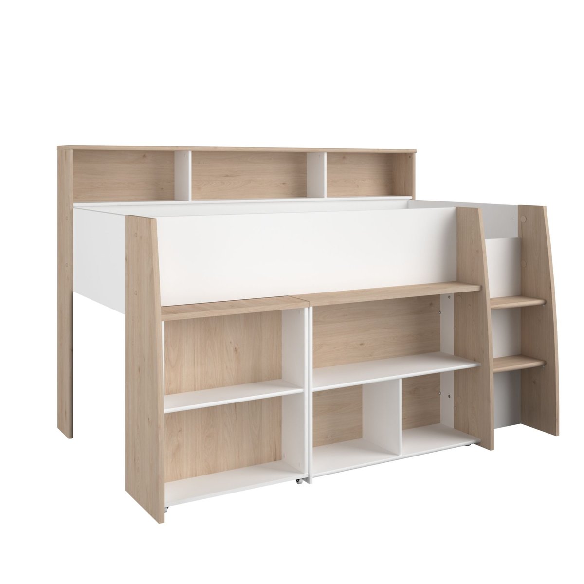 Lit mezzanine enfant bois avec bureau escamotable et rangements blanc, TERRE DE NUIT