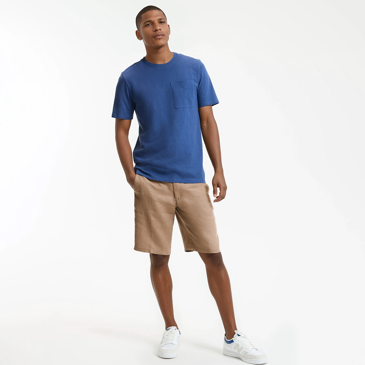 T-shirt col rond, fit regular, en coton slub bleu indigo, LA REDOUTE COLLECTIONS